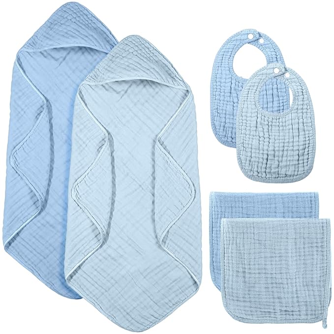 Hahafelt 6 Pcs Muslin Hooded Bath Towels Washcloths and Bibs Set, Muslin Cotton Baby Towels Absorbent Hooded Blanket Towel Infant Bibs for Boys Girls Newborn Infant Essential(Blue, Navy Blue)