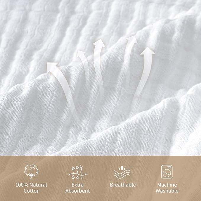 david's kids 2 Pack Hooded Baby Towels, 100% Muslin Cotton 6-Layer Ultra Soft Breathable Absorbent Baby Bath Towels for Infant and Toddler, Newborn Essentials, Large 32x32Inch, White & Grey