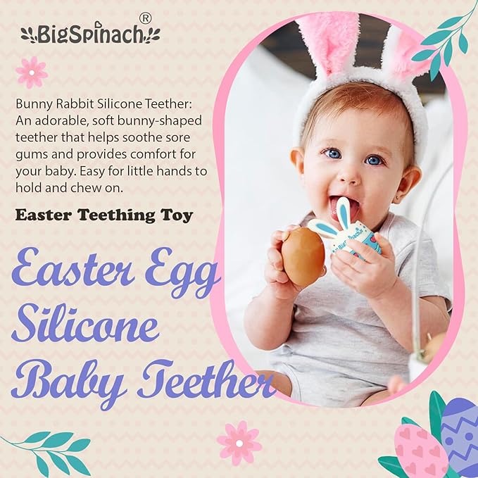 BIGSPINACH Easter Egg Baby Teether,Baby Teething Toy for Pain Relief,Silicone Bunny Rabbit Teether,Easter Gift for Babies,Sensory Toy for Boys & Girl (Baby Blue)