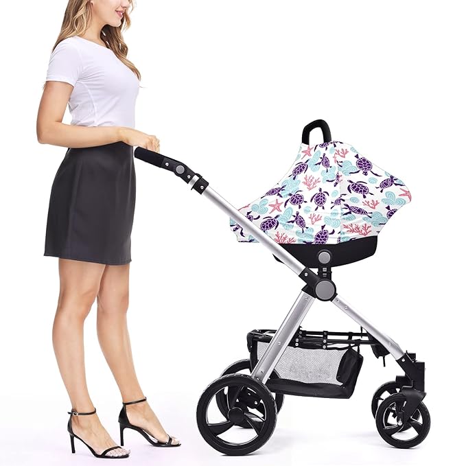 Baby Car Seat Stroller Covers Purple Sea Turtles Marine Starfish Nursing Cover Breastfeeding Scarf Soft Breathable Stretchy Coverage Carseat Canopy Cover for Boys and Girls Soft Breathable Multi Use