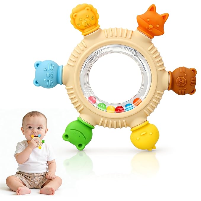 Baby Teething Toys for 3-6 6-12 Months, Silicone Baby Teether & Rattle, Chew Sensory Toys for Teething Relief, Baby Gift for Newborn Boys Girls
