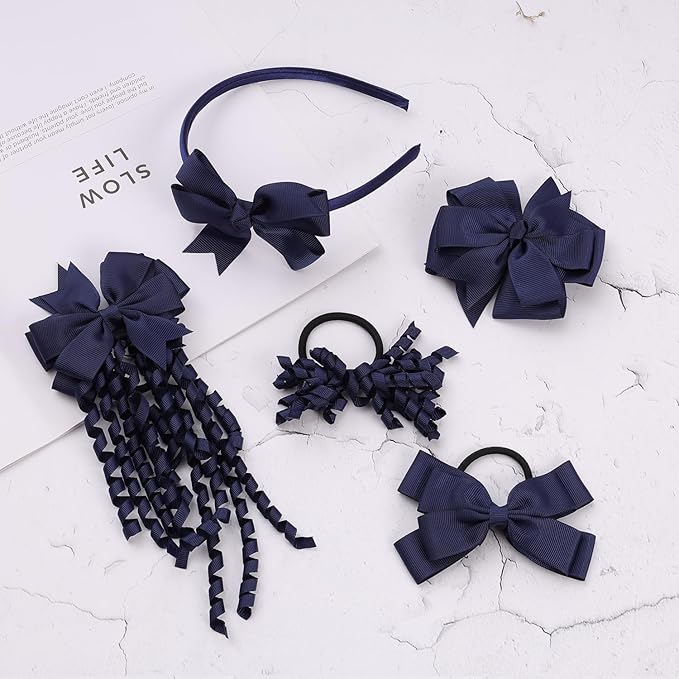 School Hair Accessories Set 14 Pcs Uniform Hair Bow Headband Clips Hair Ties Curly Korker Bows for Little Toddler School Girls (Navy)