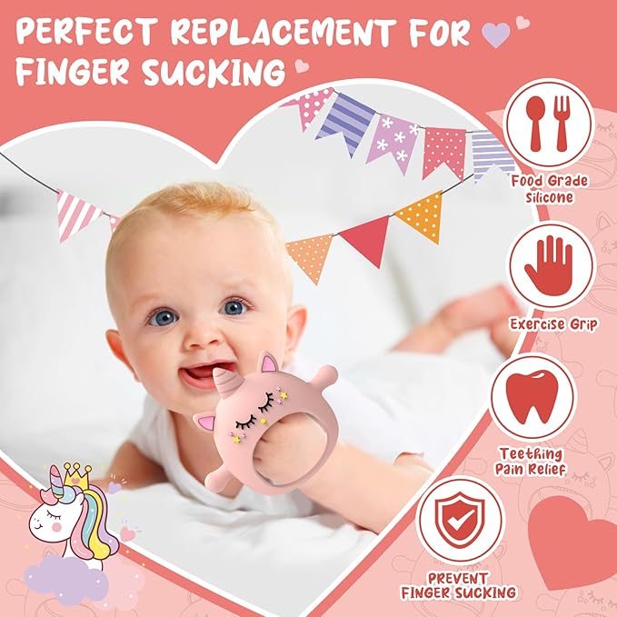 Teething Toys for Babies 6-12 Months, Tinabless Unicorn Never Drop Silicone Teether Designed for Babies 0-6 Months, Car Seat Toy for New Born, Natural Organic Baby Teether for Boys&Girls, Pink