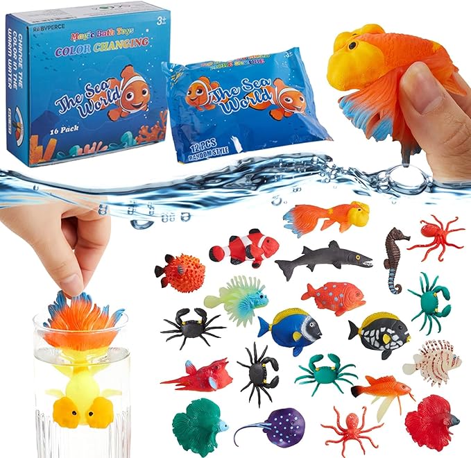 Color Changing Water Table Toys, Mold Free Bath Toys, Squishy Mini Fish Sea Animals Toys for Kids, for Pool, Bathroom, Ocean Party Decorations, Class Rewards, Christmas,Easter