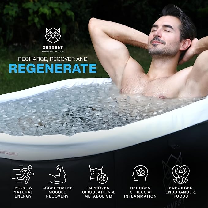 Patented XL Inflatable Oval Ice Bath Tub for Athletes – 140 Gal Insulated Cold Plunge Tub, Chiller Compatible, Dual-tub Air-Cavity Max Insulation & Ultra-Firm 8-Stand Frame - Cold Plunge Pool