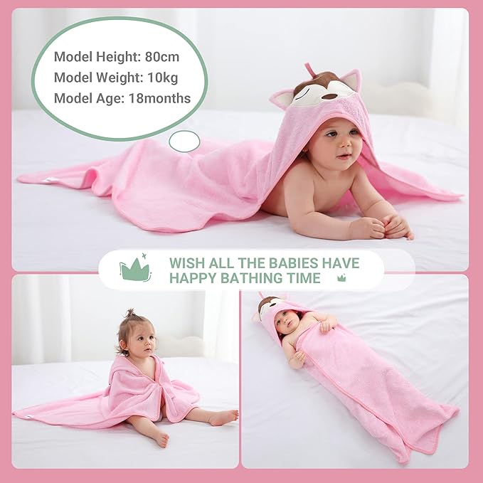 MICHLEY Bamboo Viscose Baby Hooded Bath Towel for 0-5 Years Boys and Girls, 29.5 x 39.5 Inch Ultra-Soft and Quick-drying Infant Bath (Pink Fox)
