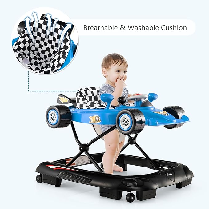 INFANS Foldable Baby Walker, 3 in 1 Toddler Activity Center Leaning-Seated Walk-Behind with Steering Wheel, Adjustable Height, Lights, Music, Washable Seat Cushion (Blue)