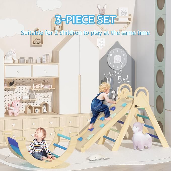 Pikler Triangle Set, Montessori Climbing Set, Baby Climbing Playset Toys Indoor, Jungle Gyms for Toddlers Ages 1-4, Toddler Climbing Playground (Blue-Nature)