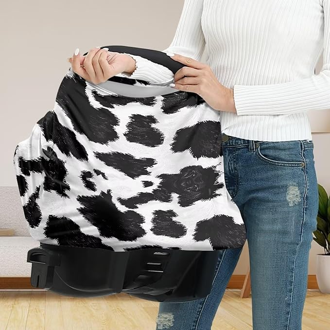 Black Cow Print Infant Carseat Cover Stylish Multi-Purpose Nursing Cover Breastfeeding Scarf Baby Shower Gifts