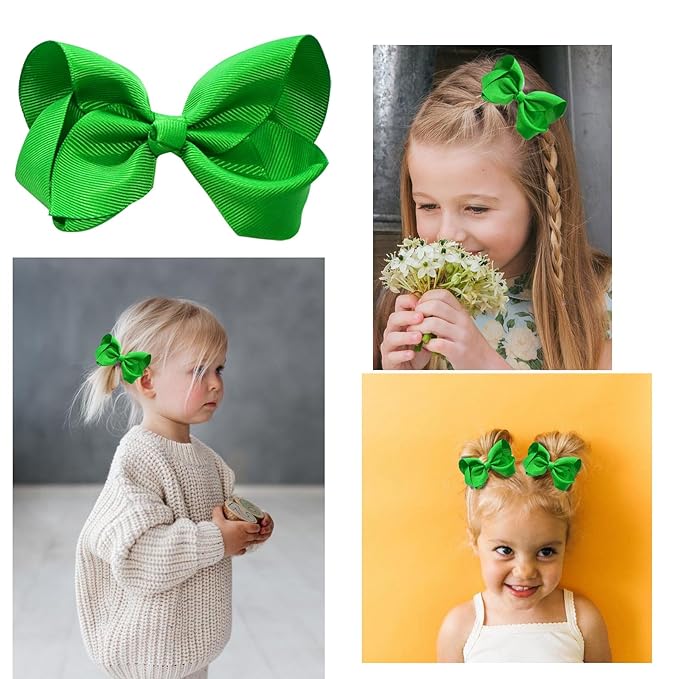 6 PCS 4.5" Solid Color Hair Bows Clips for Girls Toddler Hair Accessories - Green Grosgrain Ribbon Alligator Clips
