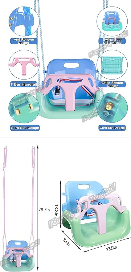 3-in-1 Swing Anti-flip Snug & Detachable for Toddler to Teenager Macarons Color Outdoor Patio Play(Light Green Chair+Pink Handrail)