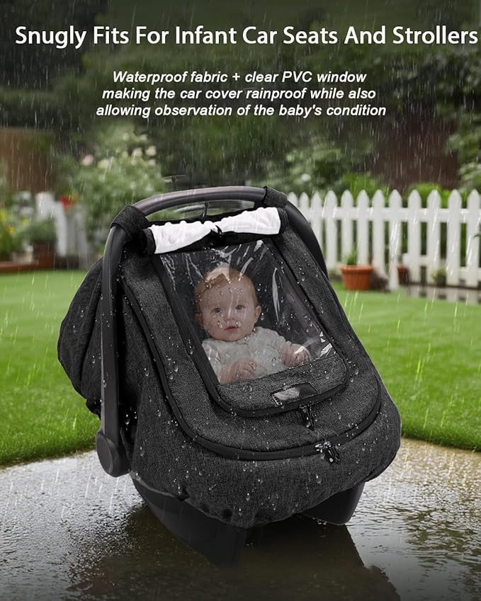 Waterproof Baby Car Seat Cover, Infant Car Seat Cover Canopy Windproof Rainproof for Baby Boys Girls, 2 Layers with Clear and Mesh Window Protect Baby from Rain Snow and Sunlight - Black