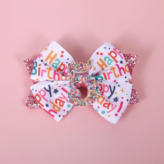 4" Glitter Happy Birthday Hair Bow Clips for Girls Ages 1-6, Pink Ribbon Cheer Bow Barrettes Alligator Hairpins, Confetti Ice Cream Party Dress Accessories, Her 5th Birthday Gift