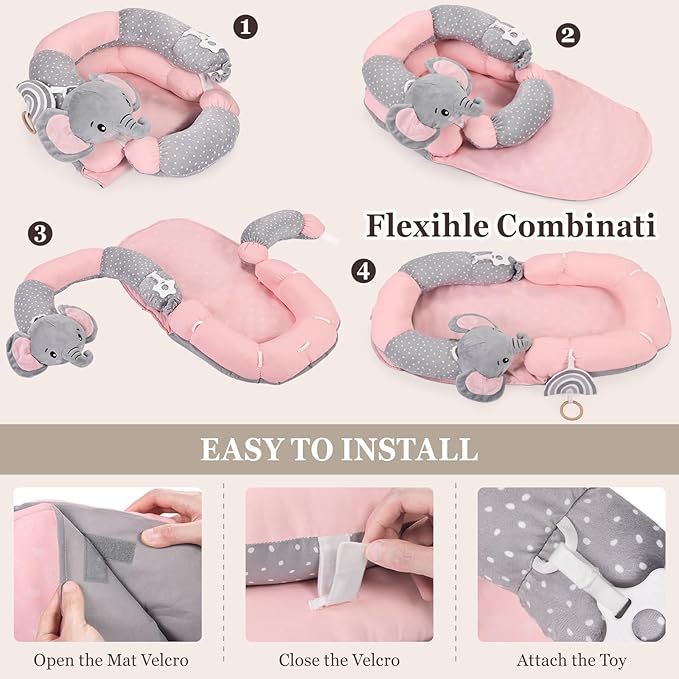 4 in 1 Tummy Time Mat with Educational Cards, Play Mat & Sitting Support for Newborn 0-12 Months, Infant Baby Sit Me Up Floor Seat, Sensory Skills Gifts, Elephant