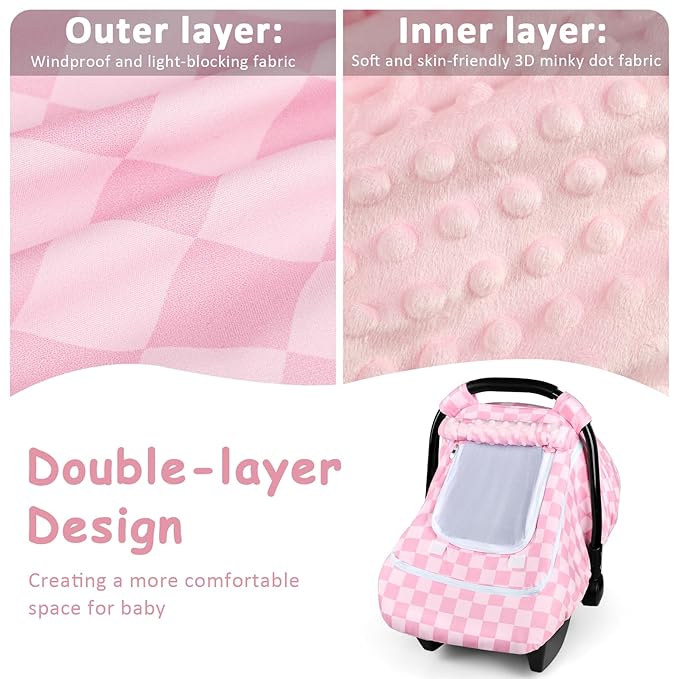 Baby Car Seat Cover with Mesh Window, Windproof Carseat Cover for Infant Girls, Infant Carseat Canopy with with Dual Zipper, Compatible with Most Baby Car Seat, Pink Checkered