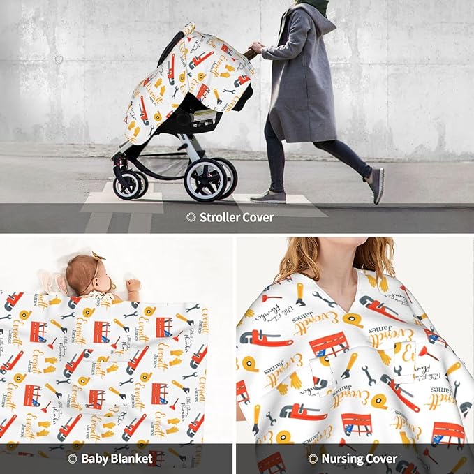 Personalized Baby Car Seat Canopy for Babies, Custom Name Baby Car Seats Covers for Boys Girls, Opening Minky Nursing Breastfeeding Cover for Infant Newborn, Carseat Canopies (Future Plumbers)