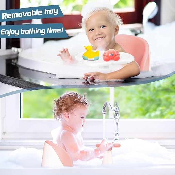 Baby Bath Seat with Tray for Babies 6 Months & Up, Baby Bathtub Seat with Ultra Strong Suction Cups, Infant Bathtub Support Chair Soft Cushion & Ergonomic Backrest, Ideal Gift for Infants (Pink)
