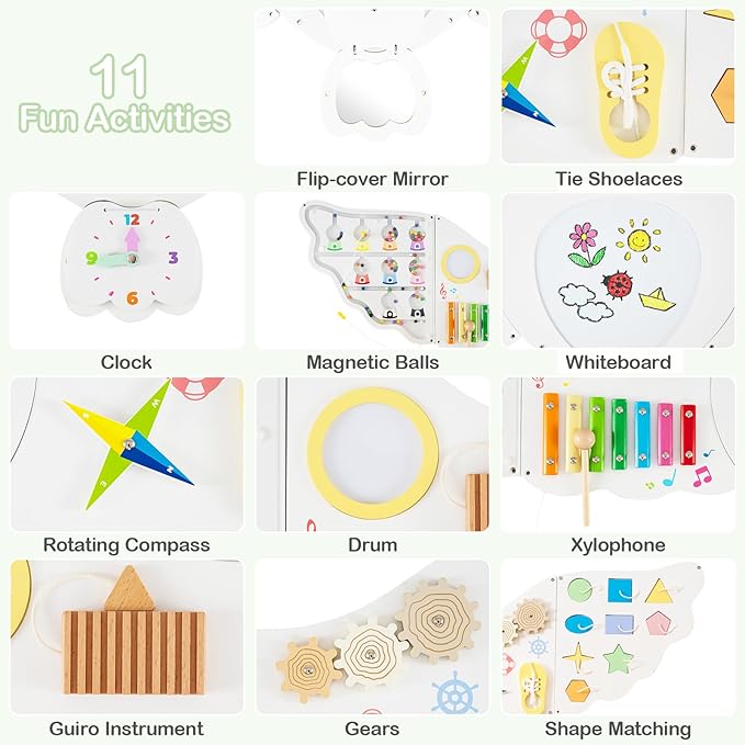 Olakids Owl Sensory Wall, 11 in 1 Wooden Montessori Busy Board Panel with Magnetic Whiteborad Mirror 26 Accessories, Toddler Wall Mounted Activity Center Educational Toys Learning Gift (White Owl)
