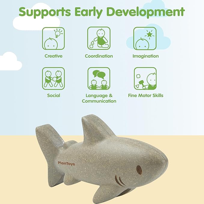 PlanToys® Wooden Shark Bath Toy | Montessori Inspired Water Toy for Imaginative & Creative Play | Eco-Friendly Animal Figure for Bath Time & Water Play