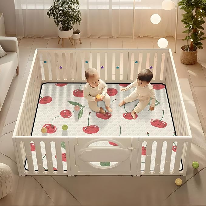 Cherry Painting Baby Play Mat for Floor, 50x50 inch Playpen Mat,Thicken Soft Non-Slip Tummy Time Mat for Toddlers and Infants