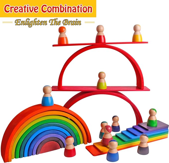 Dinhon 11 PCS Wooden Rainbow Board Oversized Stacking Game Jigsaw Puzzle Building Blocks Children's Baby Toddler Toys 3 Years Old Boys and Girls Toy Gifts