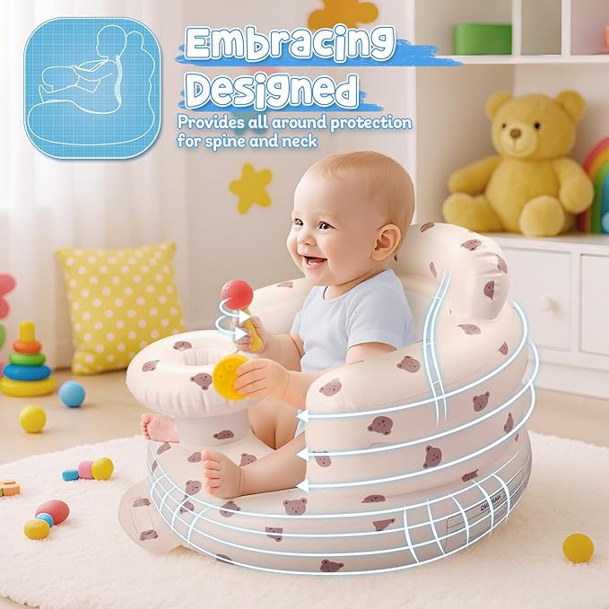 Arscniek Inflatable Baby Seat Built in Air Pump, Blow Up Baby Chair with Back Support and Tray, Sit Me Up Floor Seat for Babies 3-36 Months, Portable Infant Chairs for Indoor and Outdoor - Bear Head