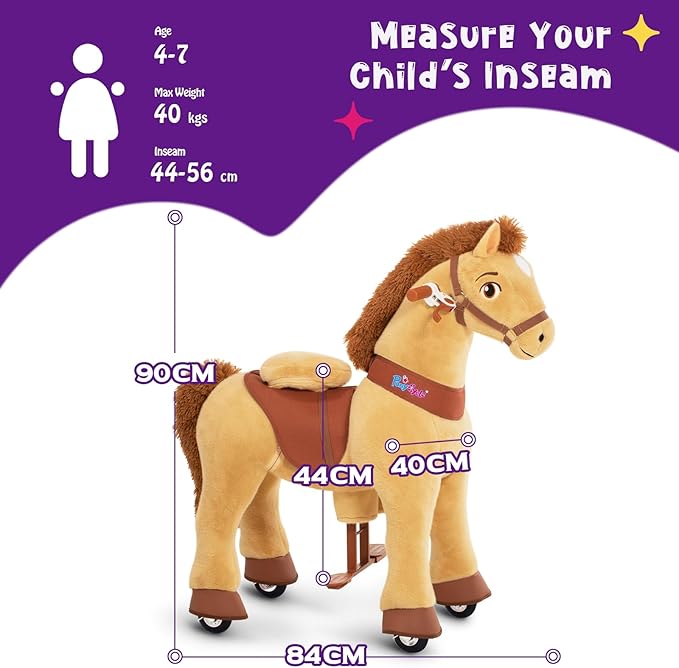 PonyCycle Plush Interactive Riding Horse Kids Ride on Toy Ride on Horse Walking Horse, Essential Model E Size 4 for Age 4-7, No Electricity with Wheels, Giddy up Riding Toys Pony Light Brown E436