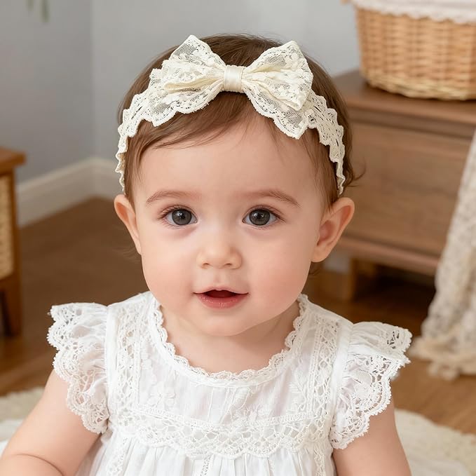 Handmade Baby Girl Headbands in Beige Baby Bows and Floral Lace Headband Bows for Newborns and Toddlers Cute Baby Girl Bows and Newborn Headband Bows