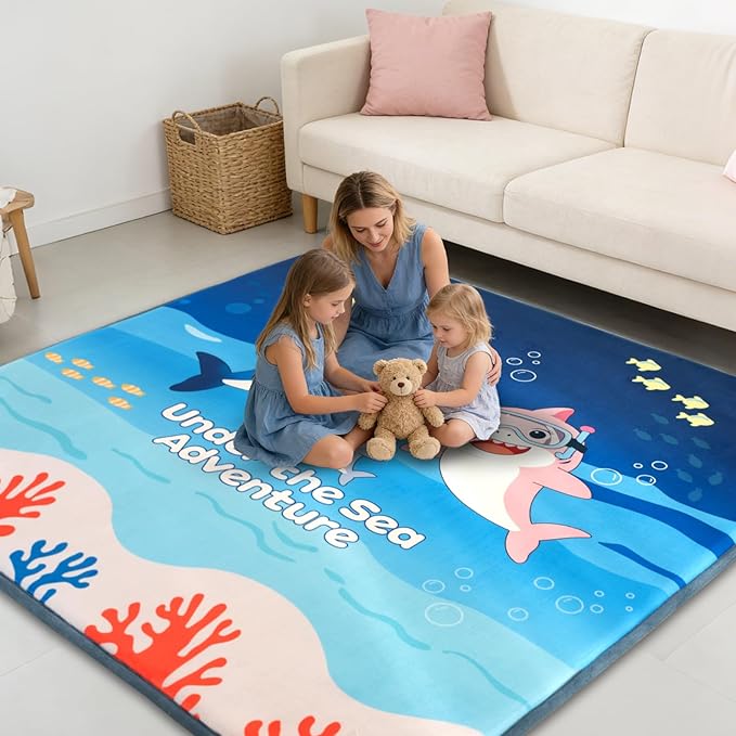 RONGFA Baby Play Mat 50x50x1.3 Inch, Memory Foam Crawling Mat, Non-Slip Water-Repellent Playpen Mat, Soft Cushioned Floor Mat for Infants Toddlers (Sea)