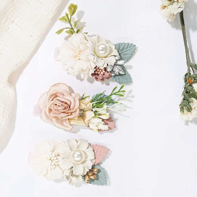 3pcs Girls Flower Hair Clips, Floral Hair Barrettes w/Boutique Fully Lined Alligator, Hair Bows for Baby Newborn Toddler