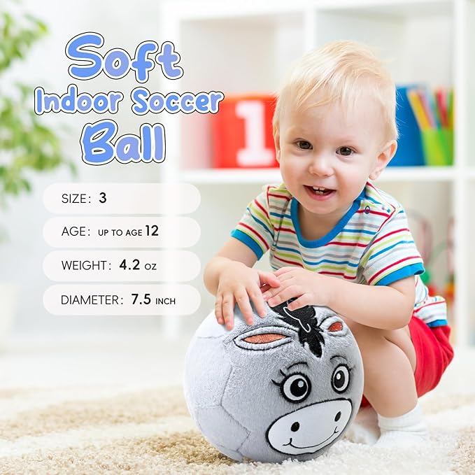 VangeBow Silent Indoor Soccer Balls for Toddlers 1-3, Inflatable Soft Plush Baby Toddler Soccer Ball Toys Gifts for 1 2 3 4 5 Year Old Boy Girl First Birthday Gift (Donkey, Pump Include)