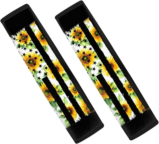 AFPANQZ 2 Pack American Flag Sunflowers Car Seat Belt Covers for Adults Safety Seatbelt Pad Cushion Adjustable Universal for Most Car Laptop Backpack Luggage Bag Straps Pads Patriotic Yellow