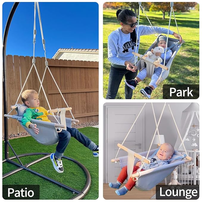 Canvas Baby Swing for Infants to Toddlers,Indoor Outdoor Wooden Hanging Swing Seat with Safety Belt and Mounting Hardware, Suitable for Ages Up to 3,Cute Animal