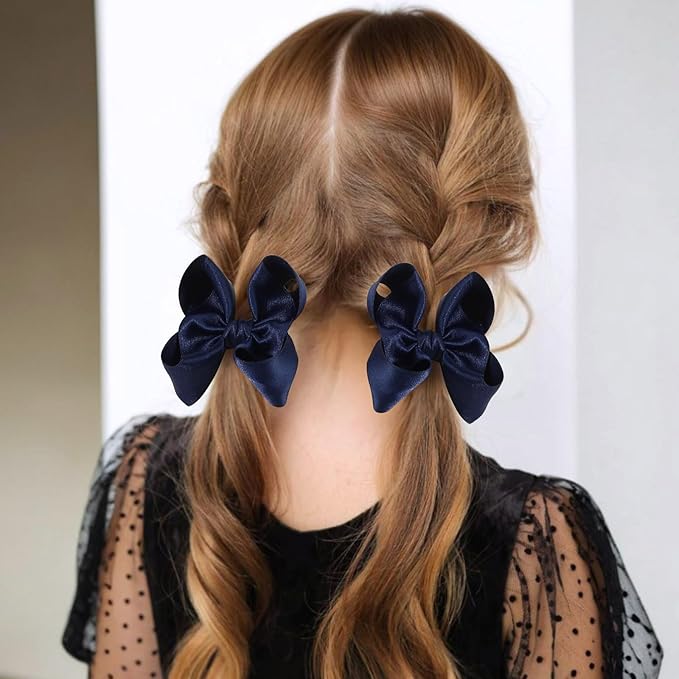OAOLEER 2PCS 3.5inch Hair Bows for Girls，Navy Stain Ribbon Hair Bows Alligator Clips Hair Accessories for Back To School Teen Toddler Girls Kids (Navy)