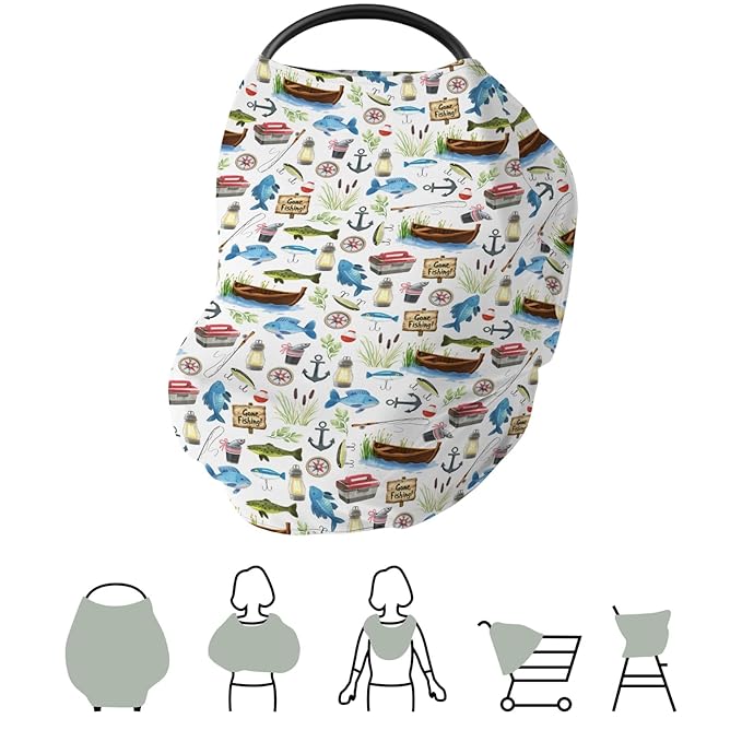 Gone Fishing Baby Car Seat Covers Fishing Lover Gift Stretchy 5-in-1 Cover Adjustable Car Canopy Cover Camping Adventure Vacation Outdoors Breathable Nursing Cover-Up