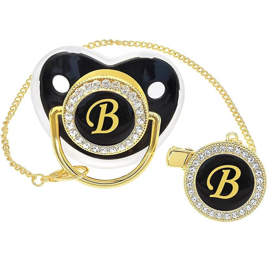 Bling Personalized Black Baby Pacifier with Pacifier Clips and Anti-dust Cover A-Z 26 Letters(Black,B)