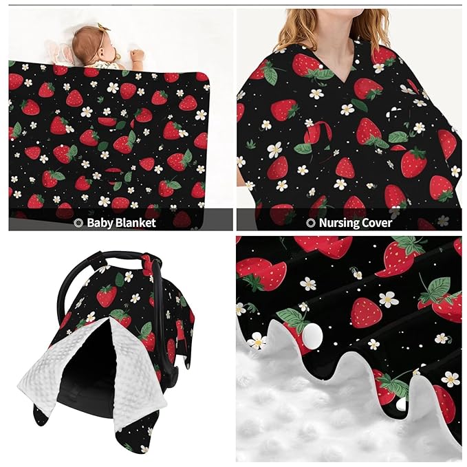 KiuLoam Strawberry Floral On Black Baby Car Seat Canopy, Nursing Cover for Mom Breastfeeding Scarf, Infant Car Seat Cover/Multiuse Baby Stroller Covers for Babies Boys Girls