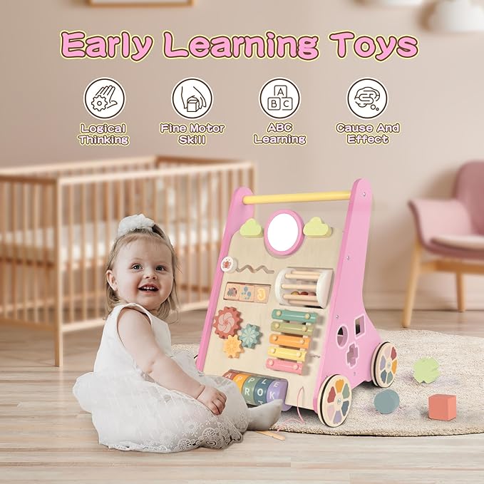 LOL-FUN Wooden Baby Walker for Girls with Wheels, Push Walker for Girl 12 Months, Pink Baby Push Toy for 1 Year Old Walking