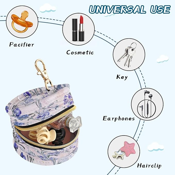 Pacifier Holder with Clip Pacifier Case for Diaper Bag Round Baby Pacifier Pouch Box Bag Portable Lavender and Silver Leaf Pink