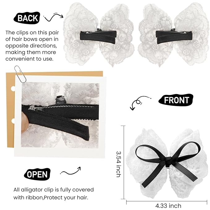 2pcs black hair bow clips for girls. white lace bow with black hair ribbon, fully lined alligator clips. Handmade hair accessories for girls.