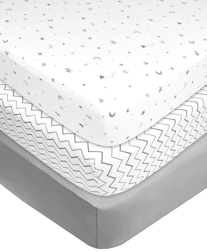 American Baby Company 3 Pack 100% Natural Cotton Fitted Pack and Play Sheets 39" x 27" - Soft & Breathable Pack N Play Sheets for Playard & Mini Crib Mattress, Gray Star/Zigzag, for Boys & Girls