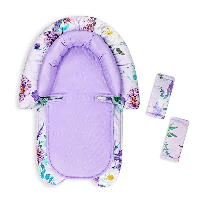 Baby Car Seat Head Support & Strap Covers, Upgraded 2-in-1 Infant Car Seat Insert Cushion for Newborn Girls, Mesh & Minky Fabric, Perfect for Carseat, Stroller, Swing, Extra Soft, Purple