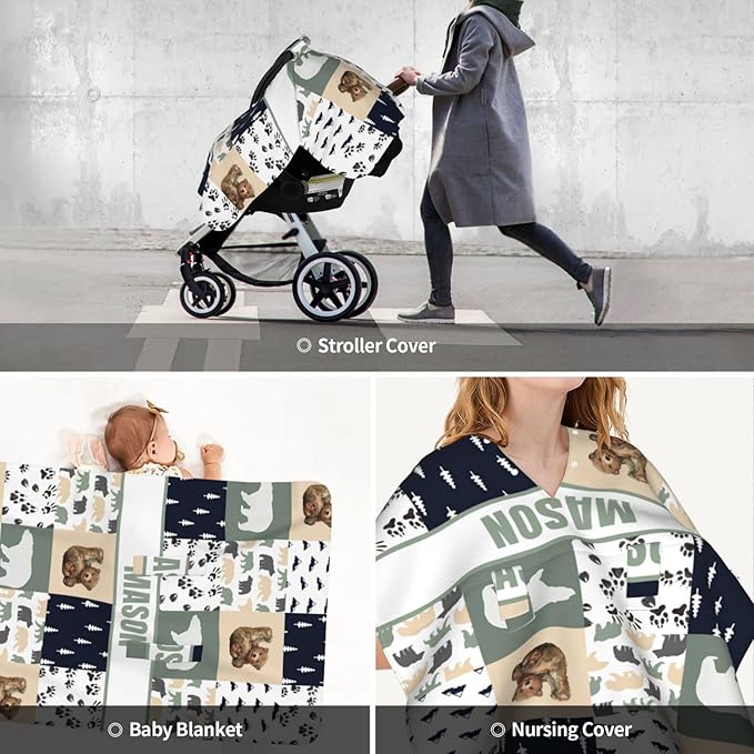 Personalized Baby Car Seat Canopy for Babies, Custom Name Car Seat Covers for Girls and Boys, Opening Minky Nursing Breastfeeding Cover for Infant, Carseat Canopies for Newborn (Woodland Cute Bear)