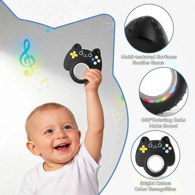 Baby Teether Toy Silicone Cat Teething Ring -Game Controller, Baby Rattle Toy Chew Sensory Toys for Babies Over 3 Months, Teething Relief for Newborn Infant Essentials 0-6 6-12 Months, BPA Free -Black