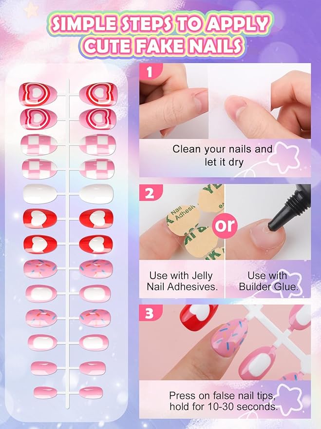 26PCS Press on Nails for Kids, TOROKOM Kid Fake Nail Set with Glue,Candy Heart Plaid Stick on Nails for Girls Gift Age 8 9 10 11 12
