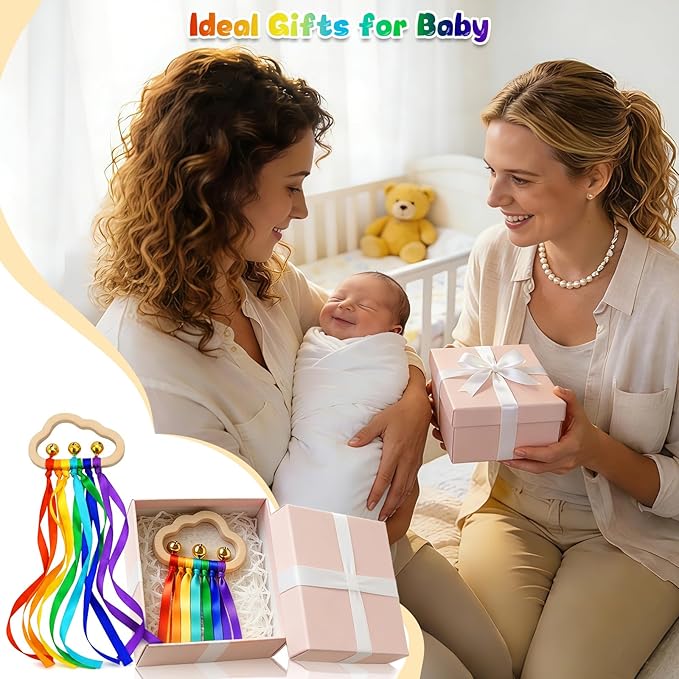 Baby Sensory Wooden Rattle Toys - 2PCS Rainbow Ribbon Ring Toys Wood Rattle Molar Circle Newborn Sensory Montessori Toy for Infant Babies Toddler