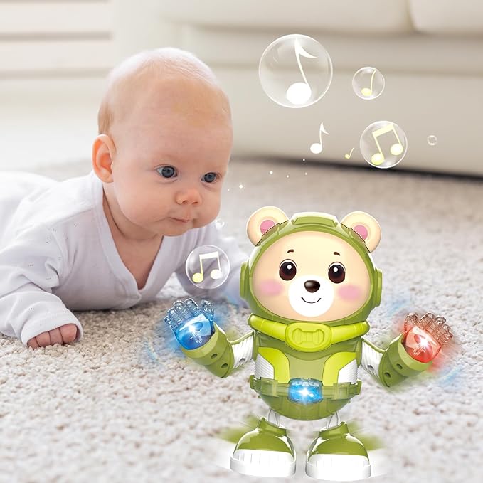 Bear Musical Robot Toy for Toddlers, Baby Musical Easter Green Bear Toy Dancing Crawling Tummy Time Toys, Light Up Infant Toys Birthday Easter Gifts