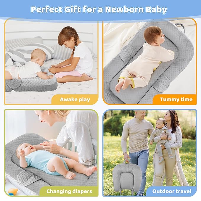 Baby Lounger for Newborn,0-12 Months,Foldable Soft Infant Lounger Pillow for Home and Travel, Baby Nest Lounger with Cover,Multi-Use Portable Baby Lounger for Supervised Play&Tummy Time, Grey