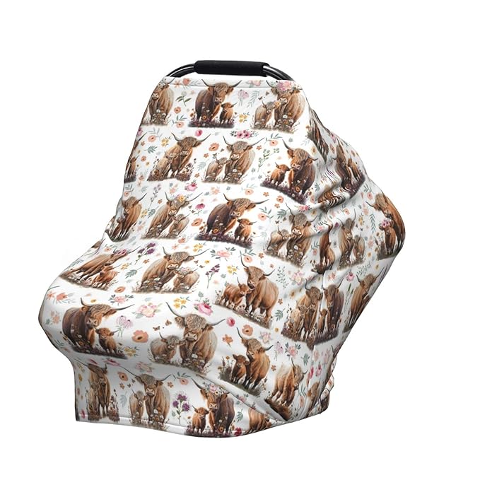 Highland Cow Baby Car Seat Covers Canopy Covers Baby Multi-Use Car Seat Canopy Carrier Cover, Breathable Breastfeeding Cover Boys & Girls