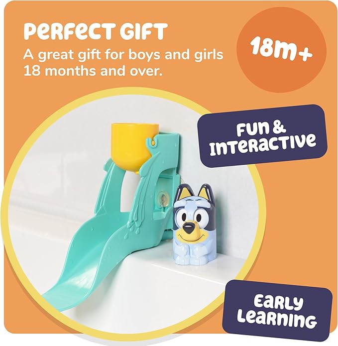 TOMY Toomies Bluey’s Water Slide - Includes Water Slide with Suction Cup, Clip On Bucket and Bluey Figure - Interactive Toddler Bath Toys - Ages 18 Months and Up